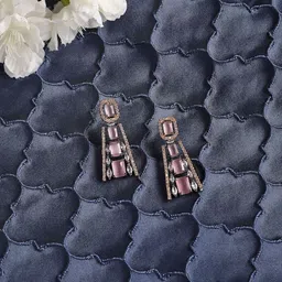 ZENEME Rose Gold-Plated American Diamond Studded Contemporary Drop Earrings-image-13