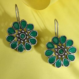 SOHI Silver-Plated Green Stone-Studded Floral Studs Earrings-15