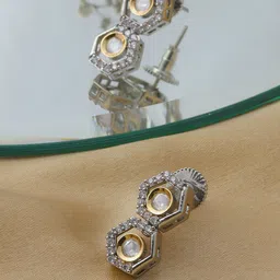 Ruby Raang Silver-Plated Kundan Studded Contemporary Drop Earrings-image-33