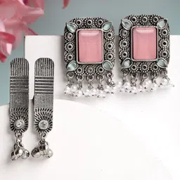 KARATCART Set Of 2 Silver-Plated Kundan Contemporary Oxidised Drop Earrings-4