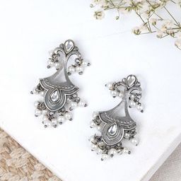 TEEJH Silver-Plated Contemporary Oxidised Drop Earrings-17