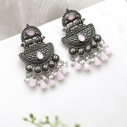 TEEJH Silver-Plated Contemporary Oxidised Drop Earrings-16