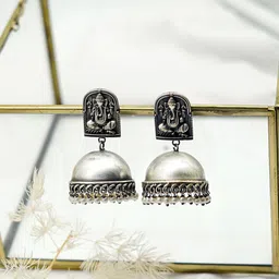 TEEJH Silver-Plated Dome Shaped Oxidised Jhumkas Earrings-36