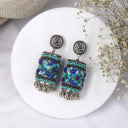TEEJH Silver-Plated Oxidised Contemporary Drop Earrings-50
