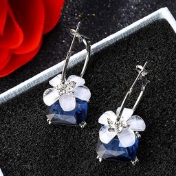 Yellow Chimes Blue & Silver Hoop With Flower Stone Hanging Drop Earrings image 3