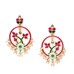 PANASH Gold-Toned & Pink  Enamelled Floral Drop Earrings image 3