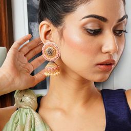 Anouk Peach Silver-Plated Stone-Studded Beaded Dome Shaped Jhumkas-58