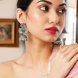 Anouk Green & Gold-Plated Stone Studded Contemporary Jhumkas Earrings-47