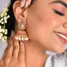 AQUASTREET Gold-Plated Leaf Designed Menakari Traditional Jhumka Earrings-42