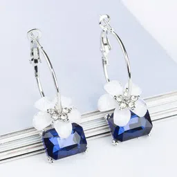 Yellow Chimes Blue & Silver Hoop With Flower Stone Hanging Drop Earrings image 4