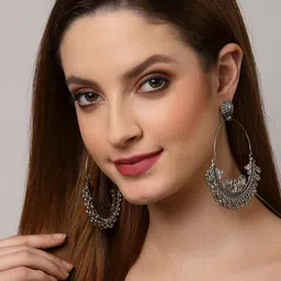 Arrabi Women Silver-Toned Teardrop Shaped Oxidized Chandbalis-47