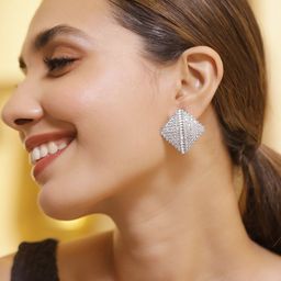 Rubans Women Rhodium Plated CZ Stone Studded Diamond Shape Stud Earrings-39