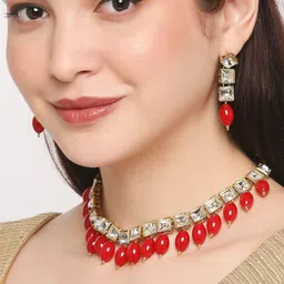 OOMPH White & Red Kundan-Studded & Beaded Jadau Jewellery Set-48