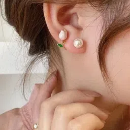 Softwrap Gold-Plated Pearl Leaf Shaped Studs Earrings image 5