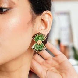 Anouk Gold-Plated & Green Artificial Stones & Beads Classic Drop Earrings image 3
