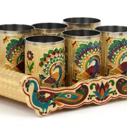 Navrang Serving Meenakari Glass Tray Set For Serving Juice Water Glass Tray Set-image-13