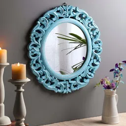 VAS collection home Blue Self Design Wooden Decotaive Frame Mirror-41