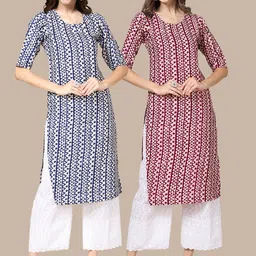 KALINI Women Pack of 2 Blue & Maroon Geometric Printed Crepe Kurta-image-97