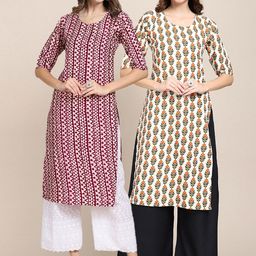 KALINI Women's Crepe Maroon & Beige Color Ethnic Motifs Printed Straight Kurta (PACK OF 2)-picture-14