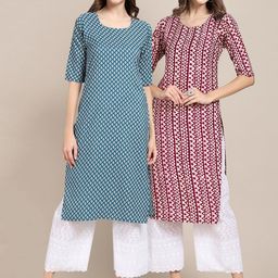 KALINI Women Pack of 2 Blue & Maroon Digital Printed Crepe Straight Kurtas-image-97