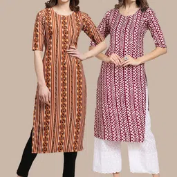 KALINI Women Pack Of 2 Brown & Burgundy Printed Crepe Kurta-picture-6