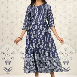 Ode by House of Pataudi Ethnic Motifs Printed Round Neck Tie-Up Cotton Midi Ethnic Dress-image-81