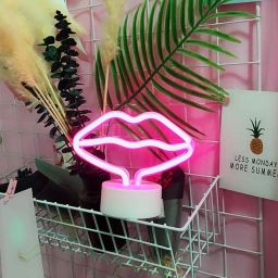 Pink LED Neon Light with Holder Base, Battery Operated, Kids Neon Table Lamps Lip Shaped Decorations, Neon Gift for Party Christmas Birthday Bedroom Décor Table Lamp-image-2