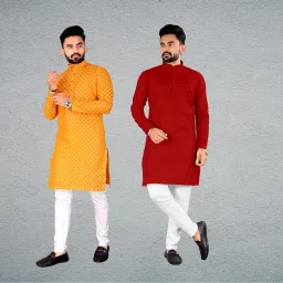 Pack of 2 Men Solid Cotton Blend Straight Kurta-image-37