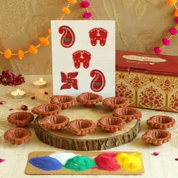 TIED RIBBONS Set of 12 Terracotta Diya with Multi Rangoli Colours & Shubh Labh Stickers-29