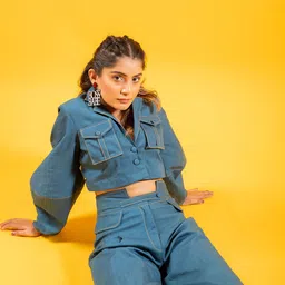 KAORI BY SHREYA AGARWAL Puffed Sleeves Pure Cotton Oversized Short Jacket With Trouser image 2