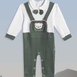 Moms Love Infant Boys Olive Green & White Pure Cotton Rompers with Suspender & Bow-image-110