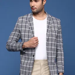 SHOWOFF Checked Notched Lapel Slim-Fit Single Breasted Blazers-picture-7