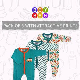 BeyBee Infant Kids Pack Of 3 Printed Organic Cotton Sleepsuits-image-33