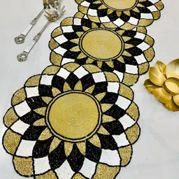 YWULY Gold Toned & Black Beads Embellished Abstract Shape Table Runner-46