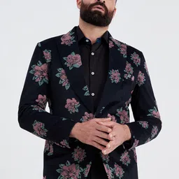MR BUTTON Floral Printed Velvet Slim-Fit Single-Breasted Blazer-image-1