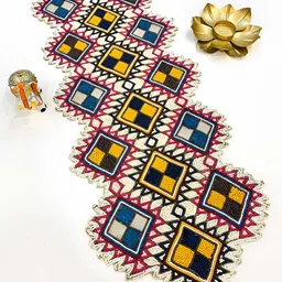 PURINA'S White & Yellow Geometric Embroidered Dining Table Runner-20