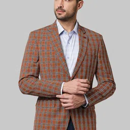 Raymond Men Orange & Grey Checked Slim-Fit Single Breasted Formal Blazer-17