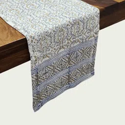 DESIGN GAATHA Cream-Color & Navy-Blue Printed Linen 6-Seater Table Runner-11