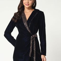 Zima Leto Sequinned Collared Embellished Waist Tie-Up Velvet Blazer-image-27
