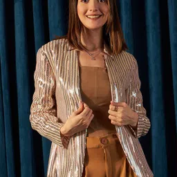 STYLECAST X KASSUALLY Sparkle Foil Knitted Embellished Sequinned Front-Open Party Blazers-image-6