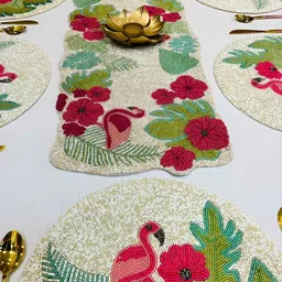 PURINA'S Beige & Green Embroidered Dining Table Runner-20