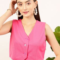 STREET 9 Pink V-Neck Sleeveless Shirt Style Crop Top-image-57