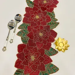 YWULY Green & Maroon Floral Beads Embellished Dining Table Runner-11