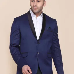 TAHVO Men Blue Solid Slim-Fit Single-Breasted Party Blazer-image-8
