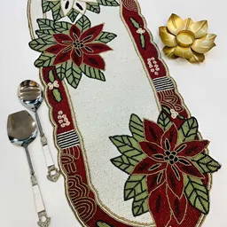 PURINA'S White & Maroon Floral Beads Embellished Table Runner-41