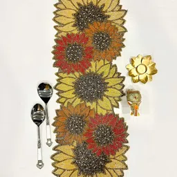 PURINA'S Yellow & Red Floral Beads Embellished Table Runner-0
