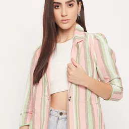 Madame Women Striped Notched Lapel Collar Cotton Single-Breasted Blazer-13