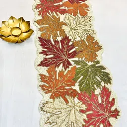 YWULY Beige & Maroon Embellished Abstract Shaped Table Runner-36