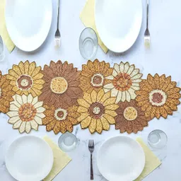 YWULY Brown & Beige Floral Embellished Dining Table Runner-45