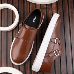 Styli Men Tan Comfort Insole Contrast Sole Monks-image-37